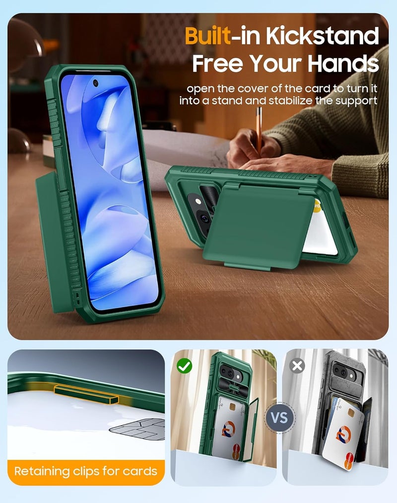 oupeigar for Pixel 9a Case with Card Holder(4-5 Card) & RFID Blocking&Camera Guard,Non-Slip&Shockproof Rugged Wallet Cases,Case for Google Pixel 9a(Green) - Image 5
